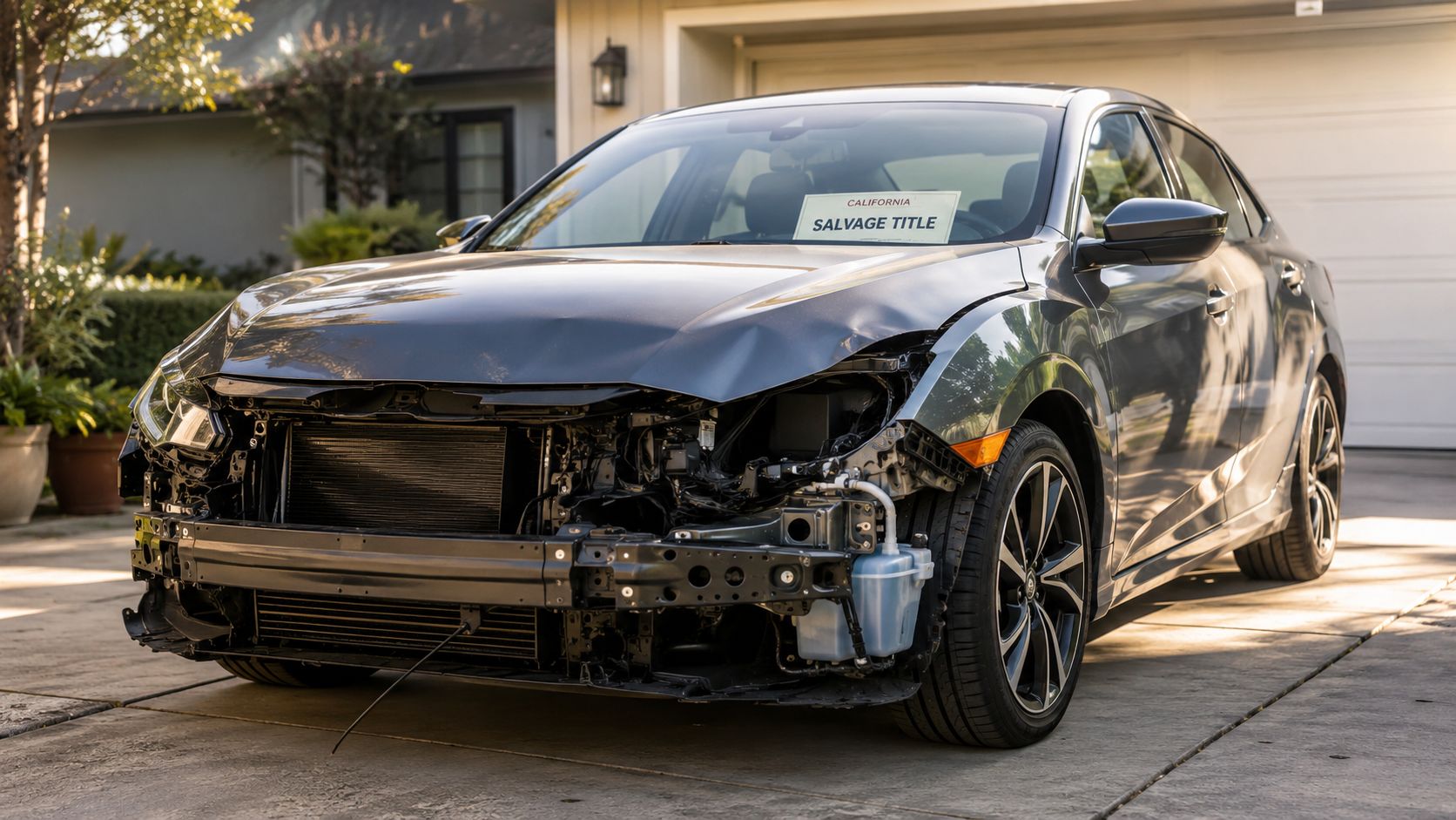A damaged gray sedan with a salvaged title sign sitting in a residential driveway.