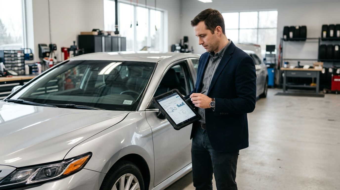 A professional service advisor inspecting a silver car using a digital tablet in an automotive repair shop.