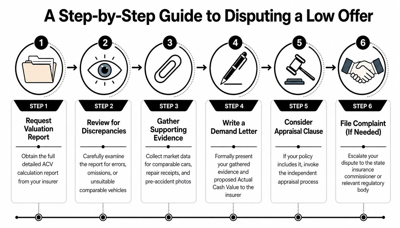 A six-step infographic guide explaining the process for disputing a low total loss vehicle settlement offer.