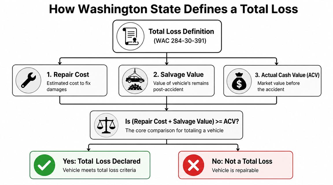 A flowchart explaining how Washington State law determines when an insurance company declares a vehicle a total loss.