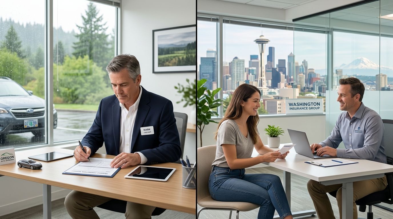 A split-view image showing a professional car insurance agent working at a desk and a consultant with a client.