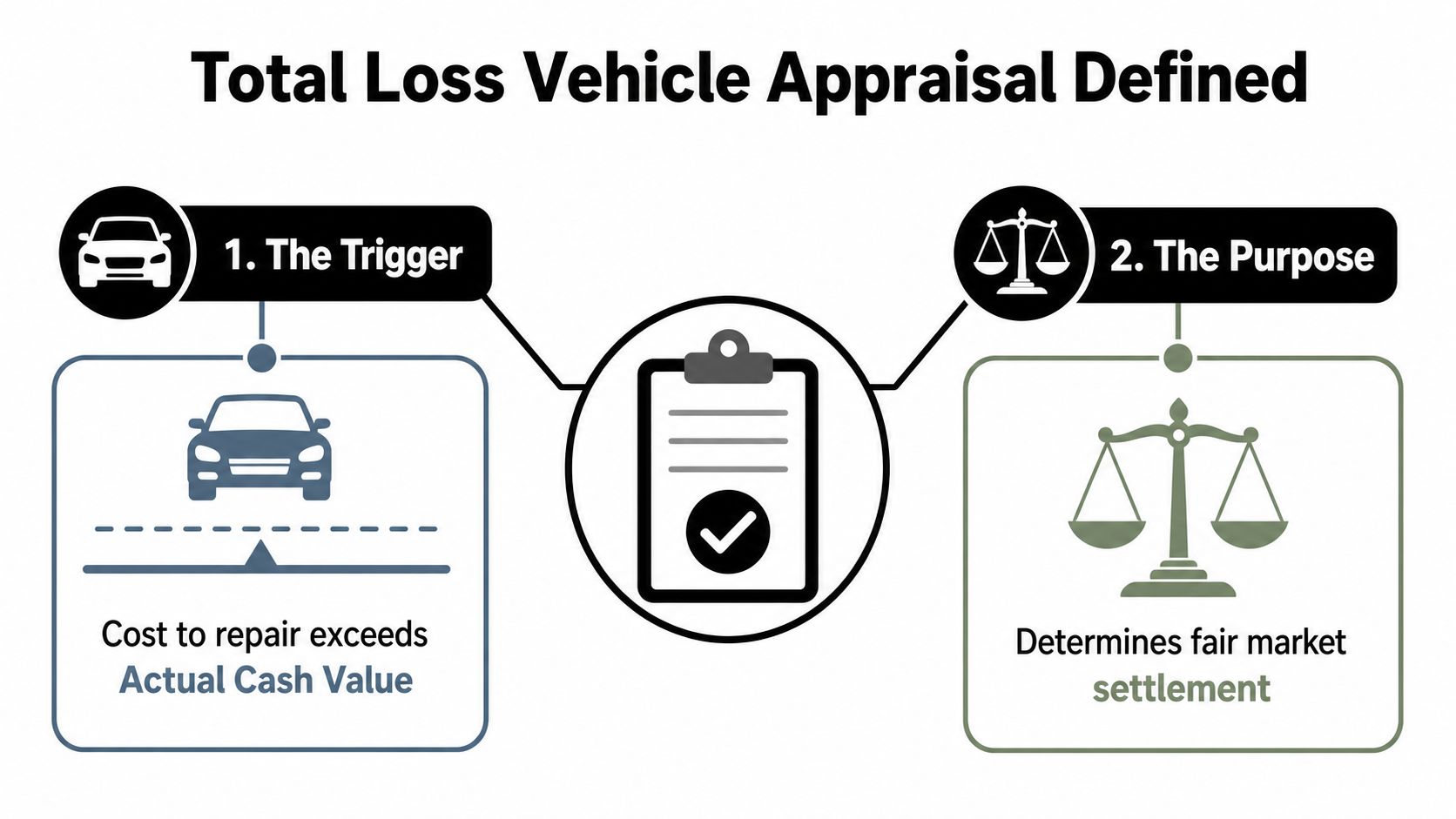 A diagram defining total loss vehicle appraisal, explaining the repair cost trigger and the fair market settlement purpose.