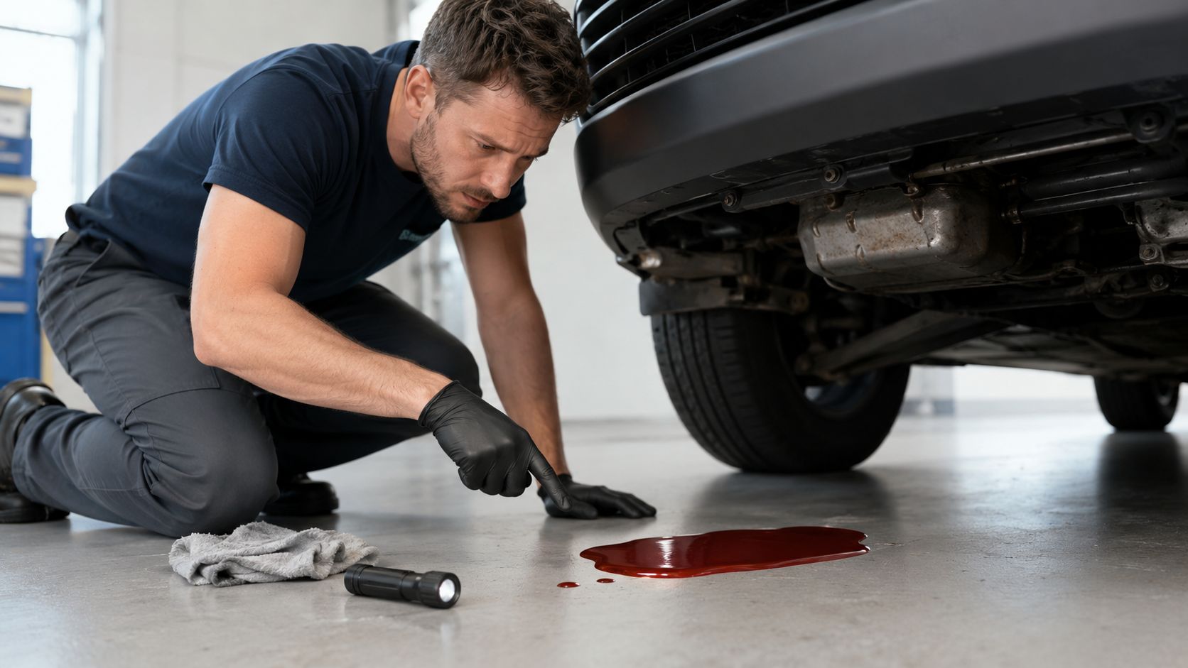 A professional auto mechanic kneeling on the garage floor, examining a red transmission fluid leak under a car.