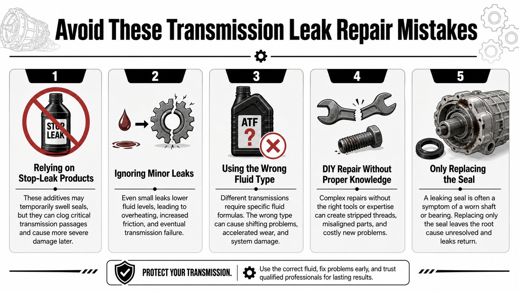 An infographic detailing five common mistakes to avoid when repairing transmission fluid leaks for vehicle owners.