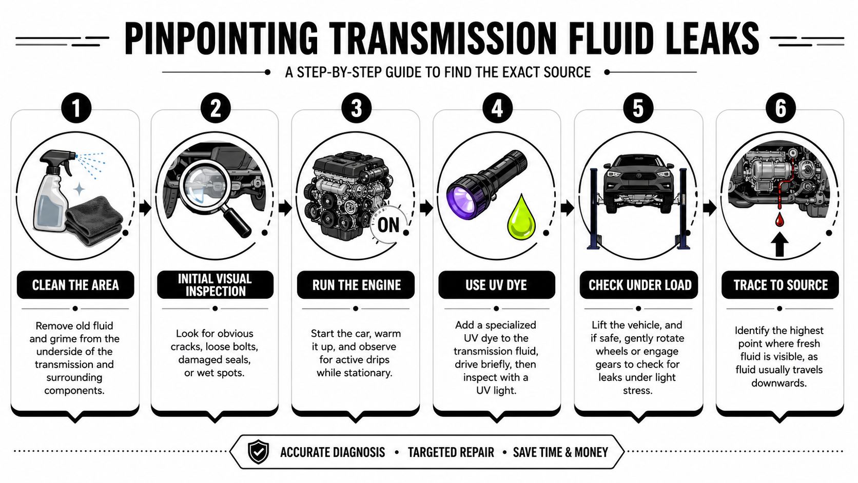 A six-step infographic guide on how to identify and pinpoint a vehicle transmission fluid leak accurately.