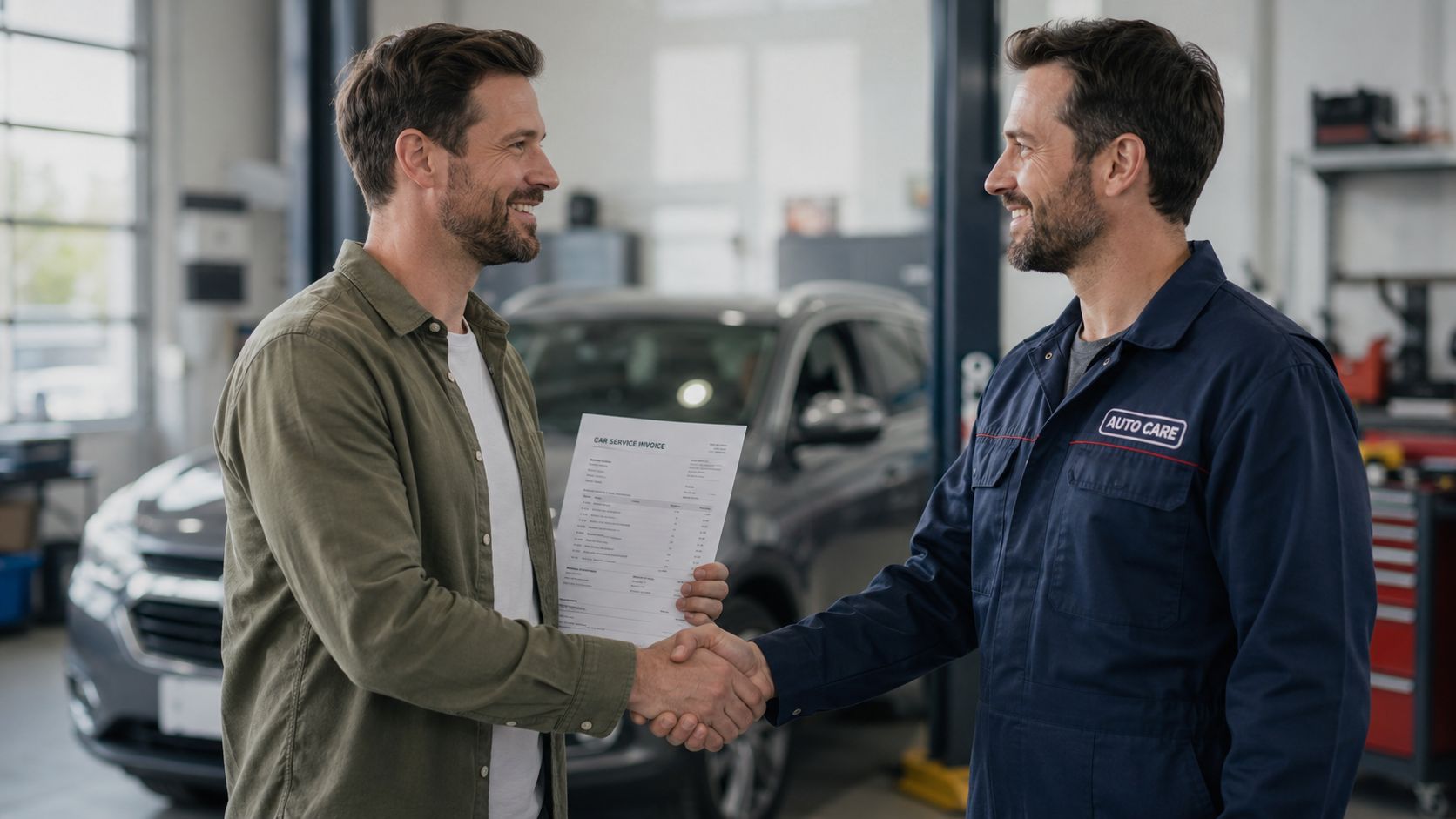 A car mechanic shakes hands with a satisfied customer while holding a car service invoice.