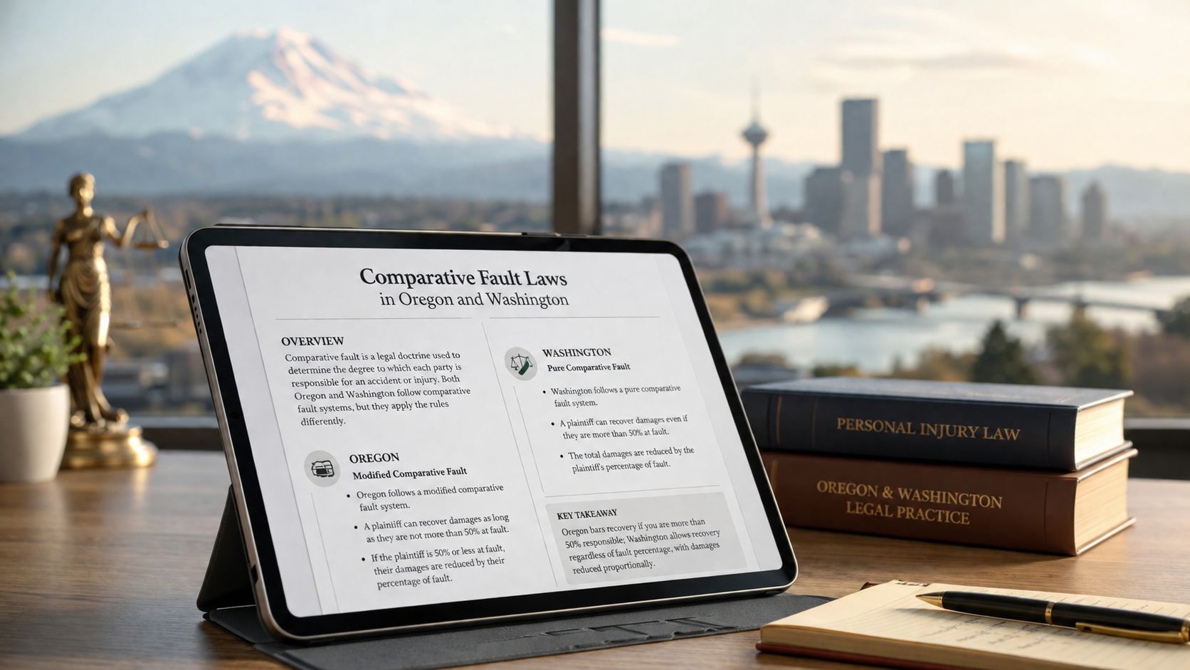 A digital tablet showing information about comparative fault laws in Oregon and Washington with legal books nearby.