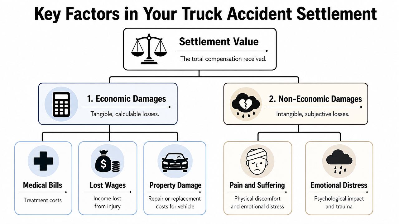 A diagram outlining the key factors that determine the settlement value of a truck accident claim.
