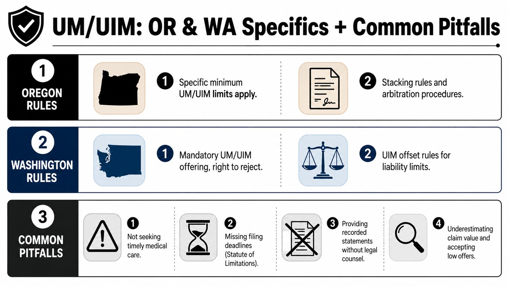 An infographic detailing Oregon and Washington uninsured motorist insurance rules and common pitfalls for claim filing.