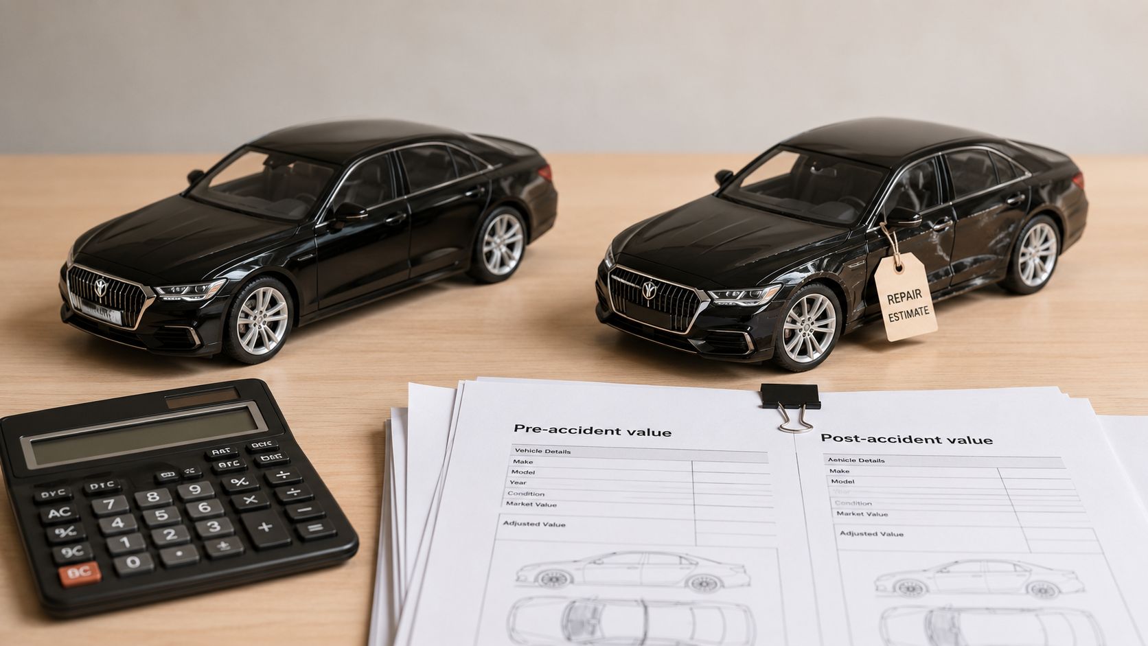 Two black toy car models with a repair estimate tag and documents evaluating vehicle market value.
