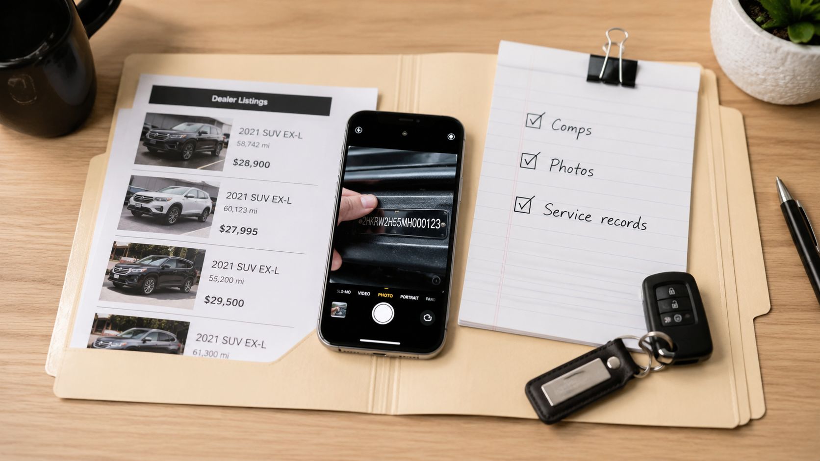 A folder on a desk containing vehicle listings, a smartphone showing a VIN, and a checklist.