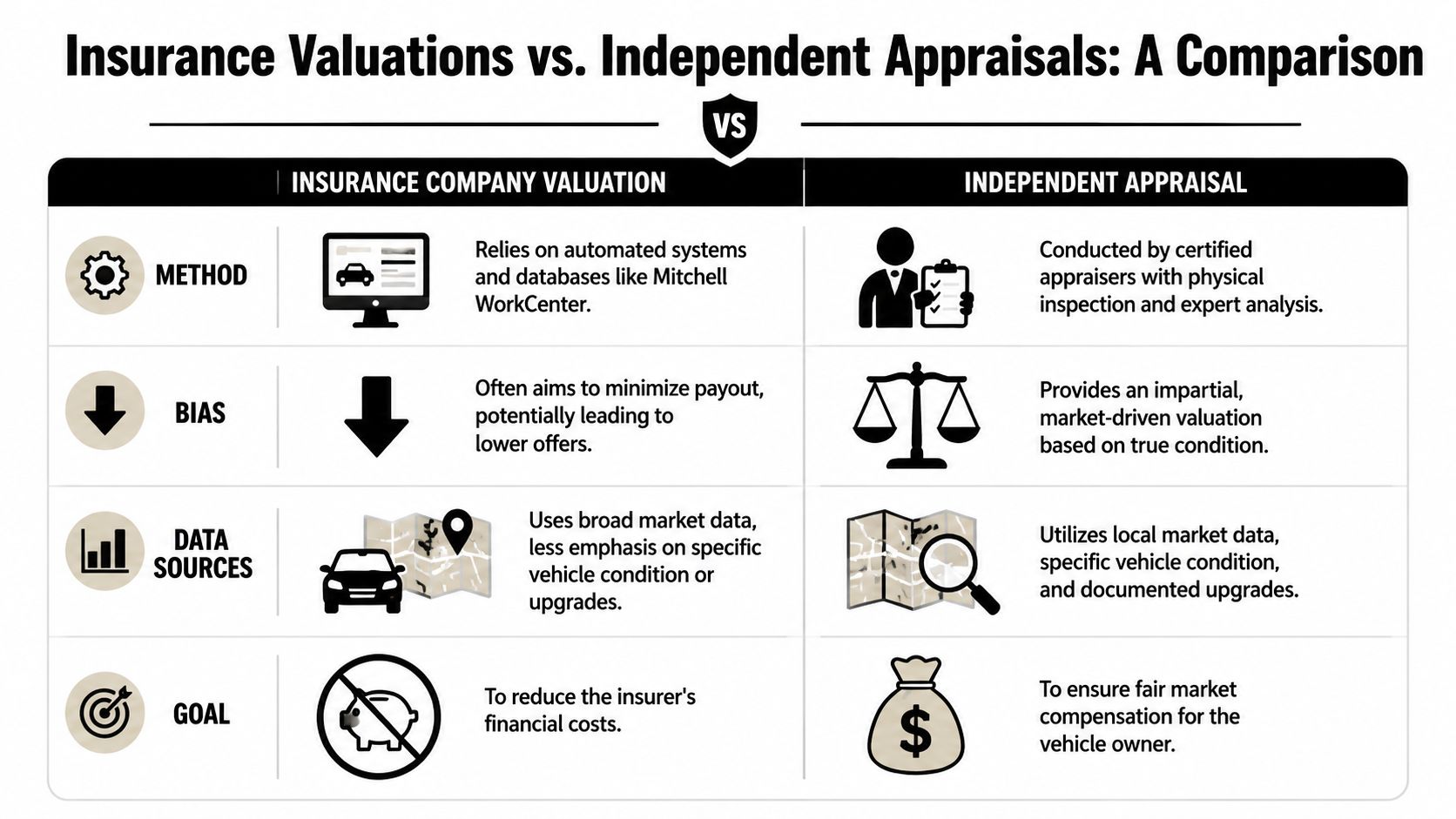 A comparison chart outlining differences between insurance company vehicle valuations and professional independent vehicle appraisals.