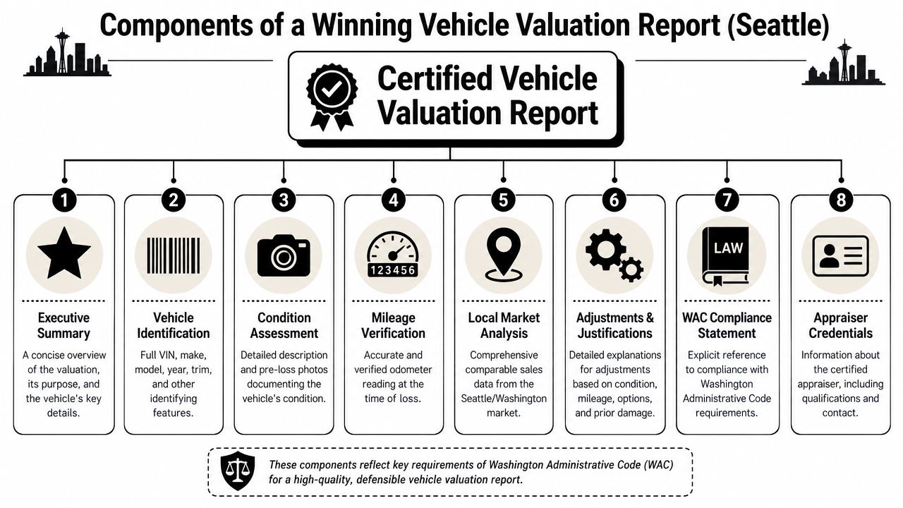 An infographic detailing the eight essential components of a certified vehicle valuation report for Seattle, Washington.