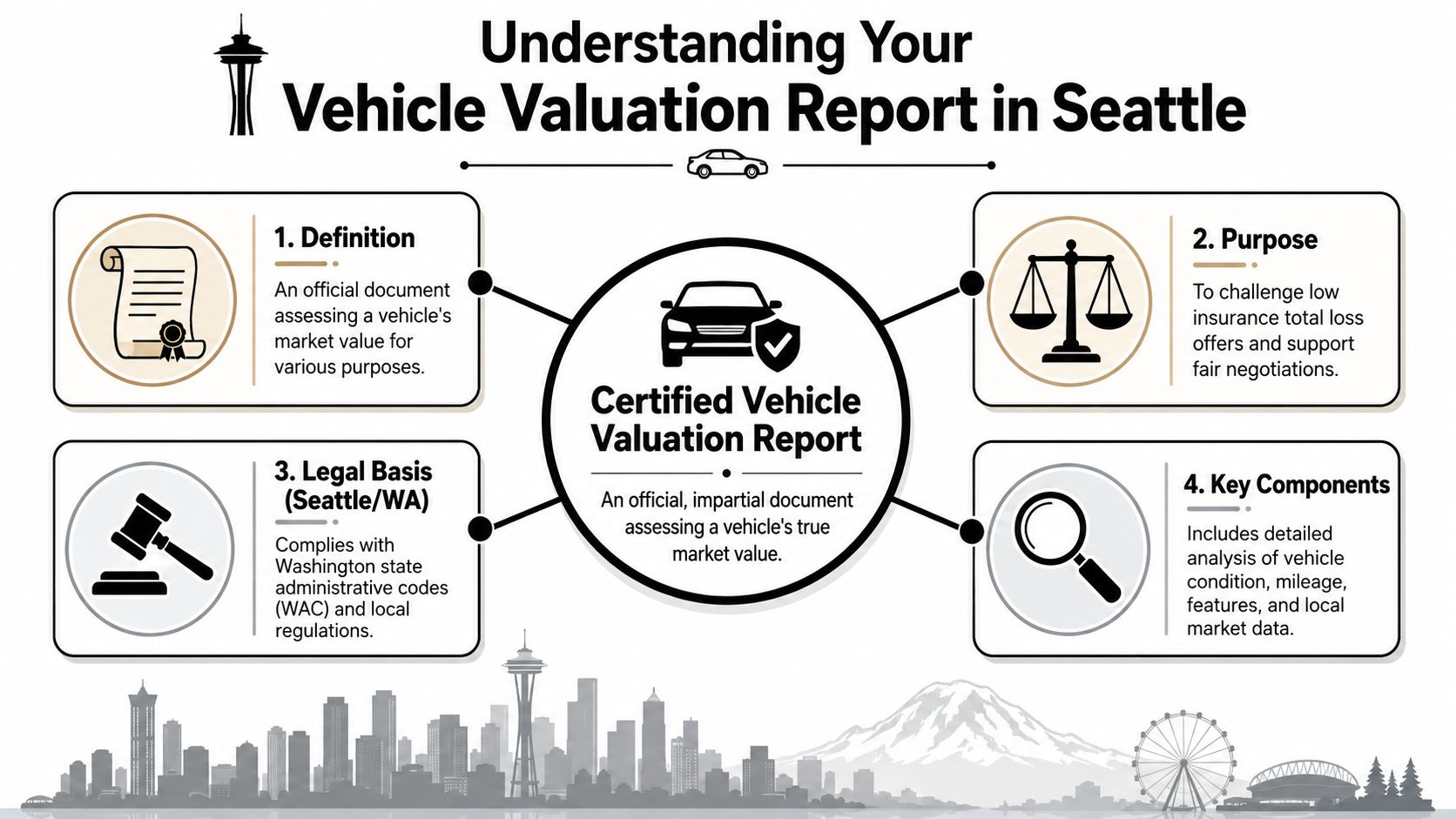 An infographic titled Understanding Your Vehicle Valuation Report in Seattle, detailing its purpose, legal basis, and components.