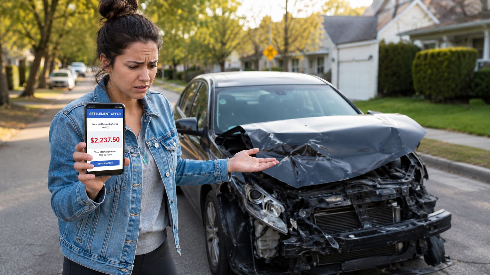 A concerned woman holding a smartphone showing an insurance settlement offer in front of her damaged car.