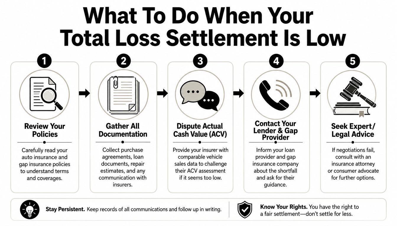 A five-step guide on what to do when your car total loss insurance settlement is too low.