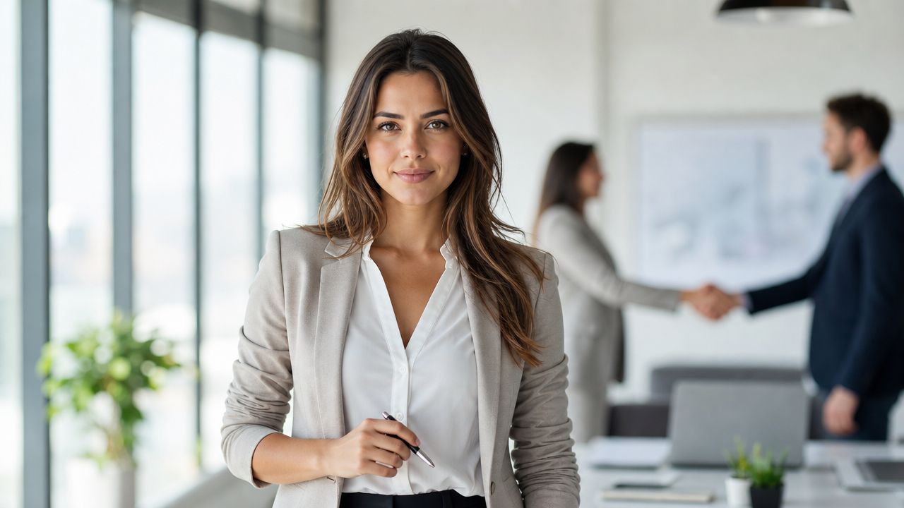 A professional woman in a blazer standing confidently in a modern office with colleagues in the background.