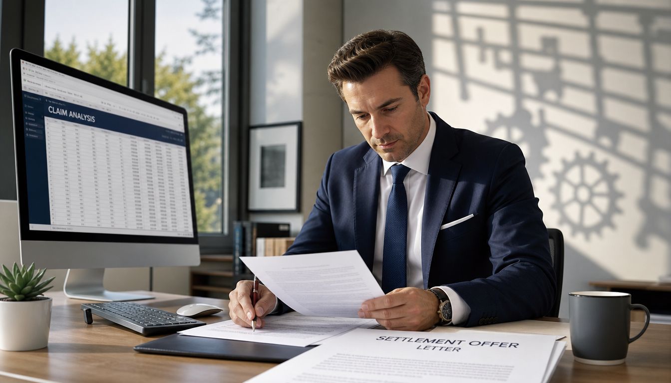 A professional insurance adjuster in a suit reviews claim analysis documents and a settlement offer letter.