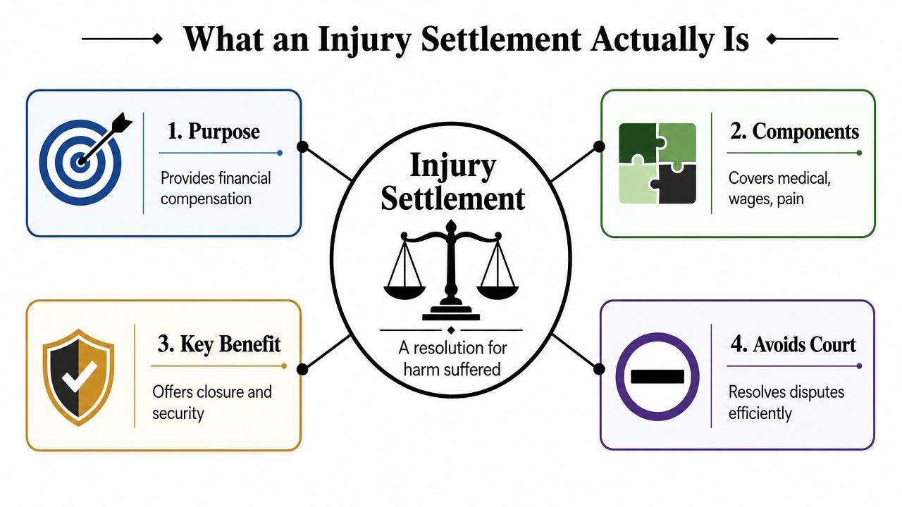 An infographic titled What an Injury Settlement Actually Is, detailing its purpose, components, benefits, and legal efficiency.