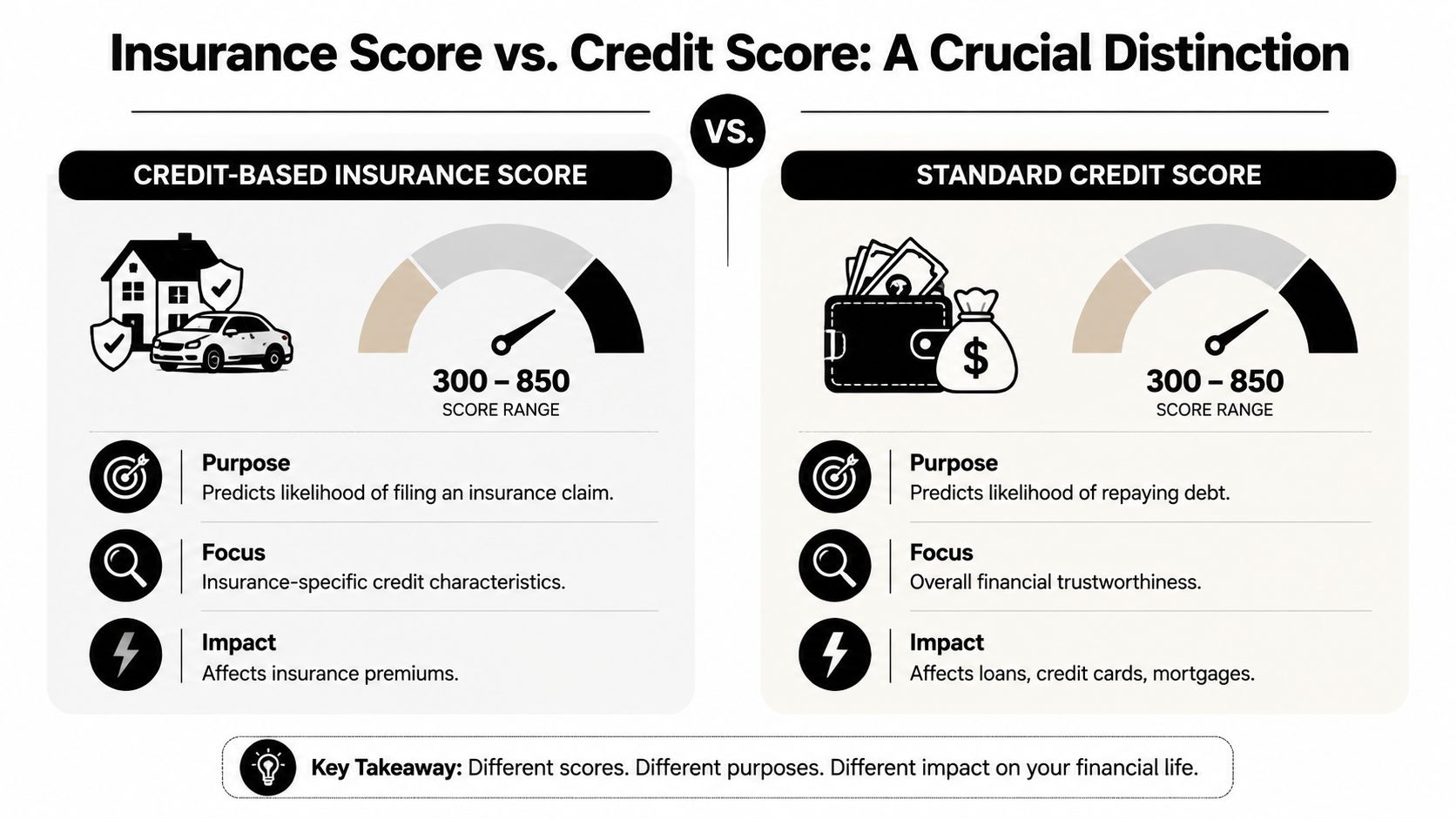 An infographic comparing the differences between a credit-based insurance score and a standard credit score.