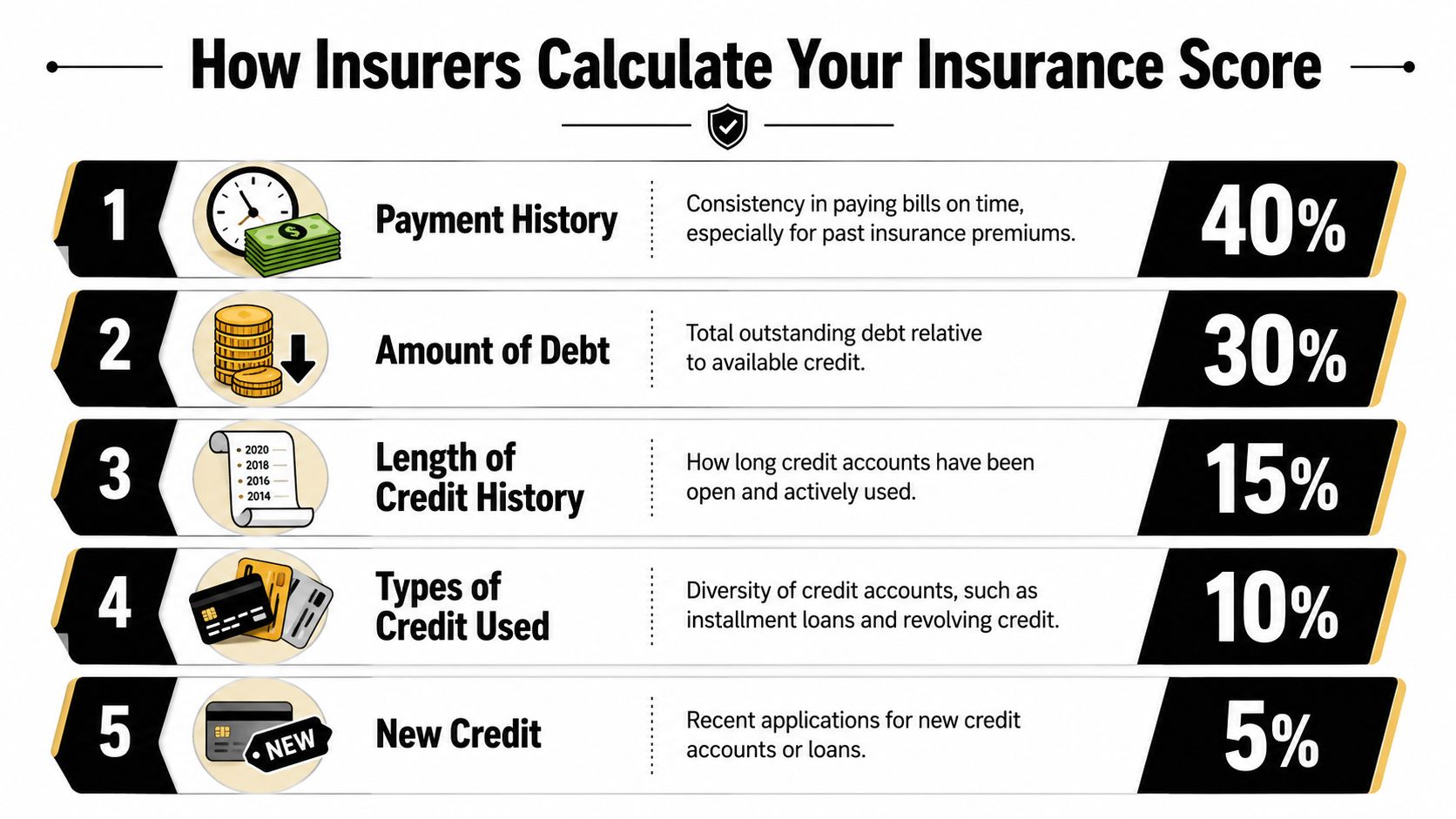 An infographic showing the five key factors and their percentage weights used to calculate an insurance score.