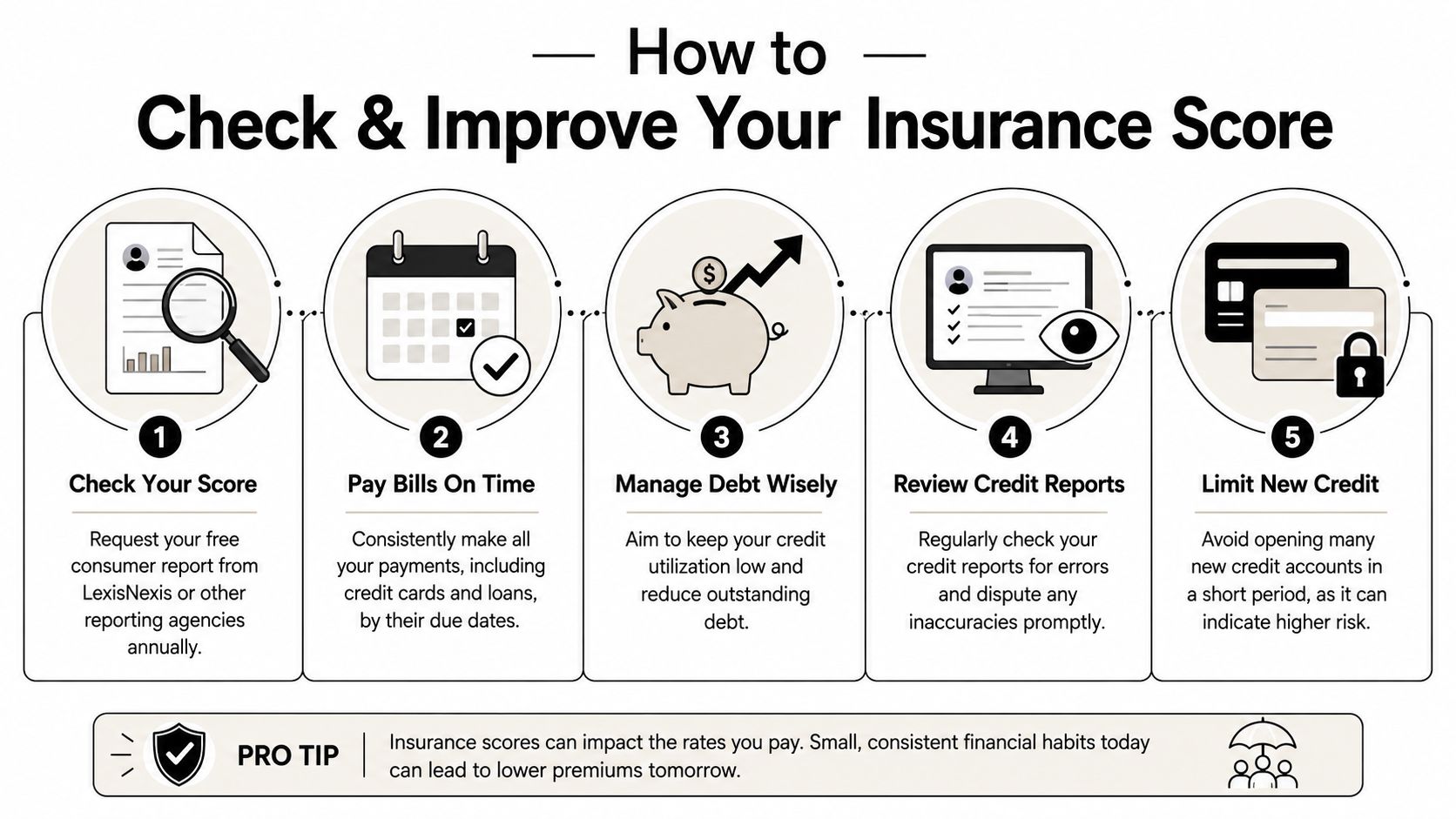 An infographic showing five steps to check and improve your insurance score through better financial habits.