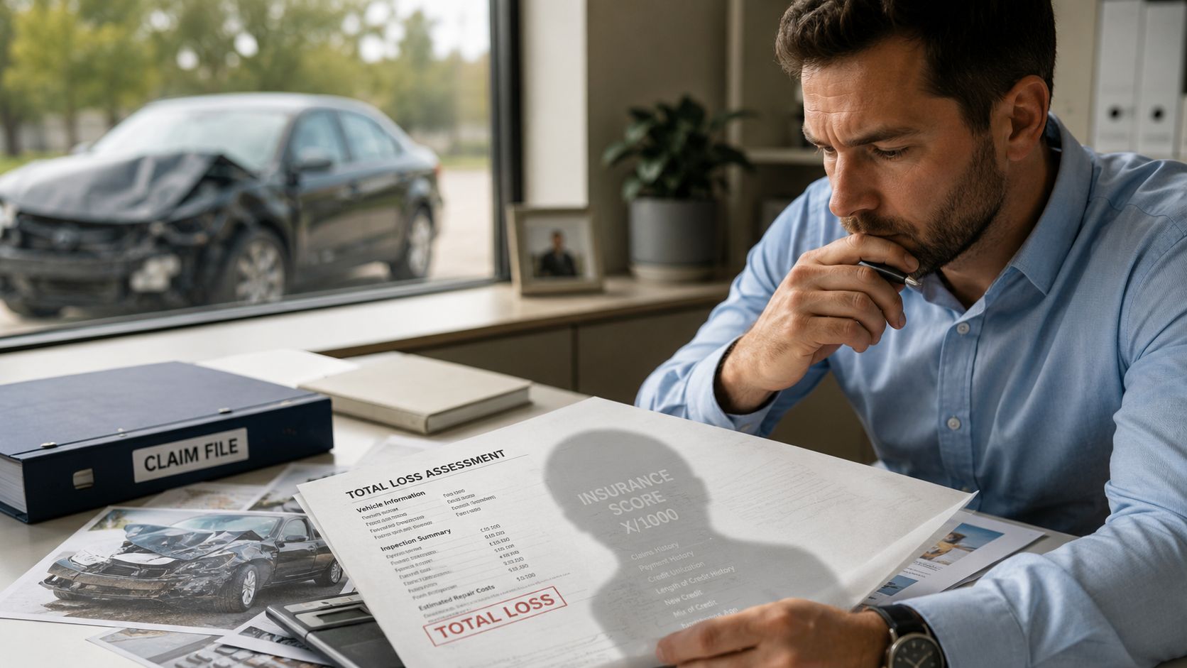 An insurance adjuster reviews total loss assessment documents featuring an insurance score for a damaged car.