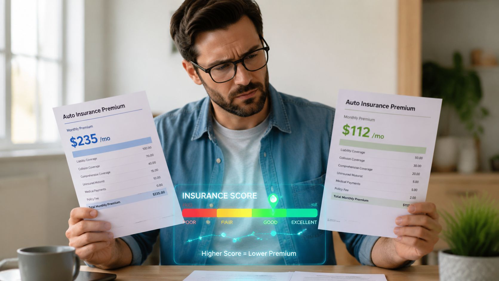 A man looks confused comparing two different auto insurance premium documents with an insurance score meter displayed.