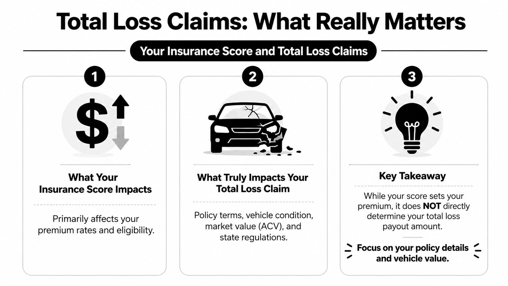 An infographic explaining how insurance scores differ from total loss claim payout calculations for vehicles.