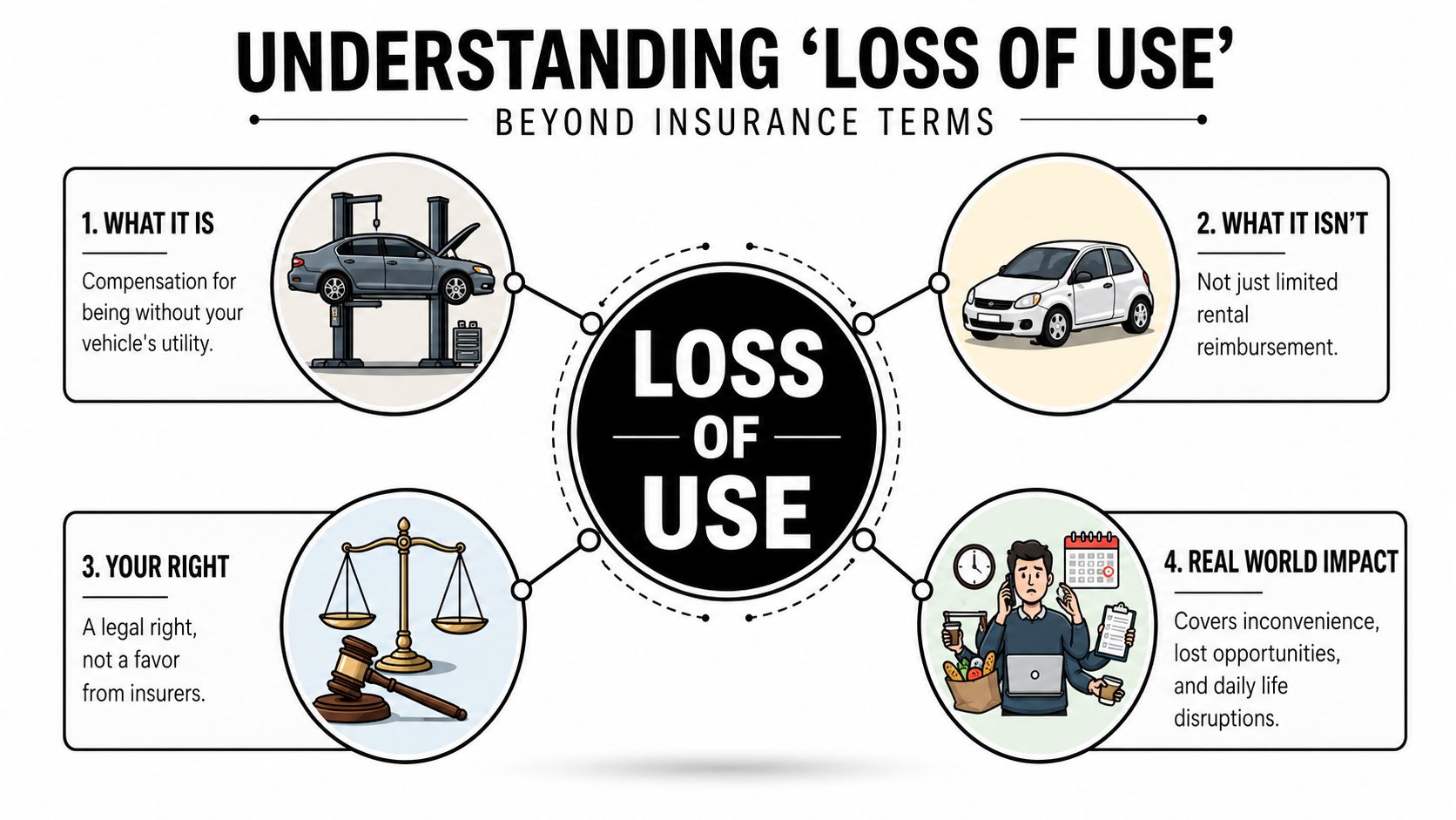 An infographic explaining loss of use as compensation for vehicle utility beyond just insurance rental reimbursement.