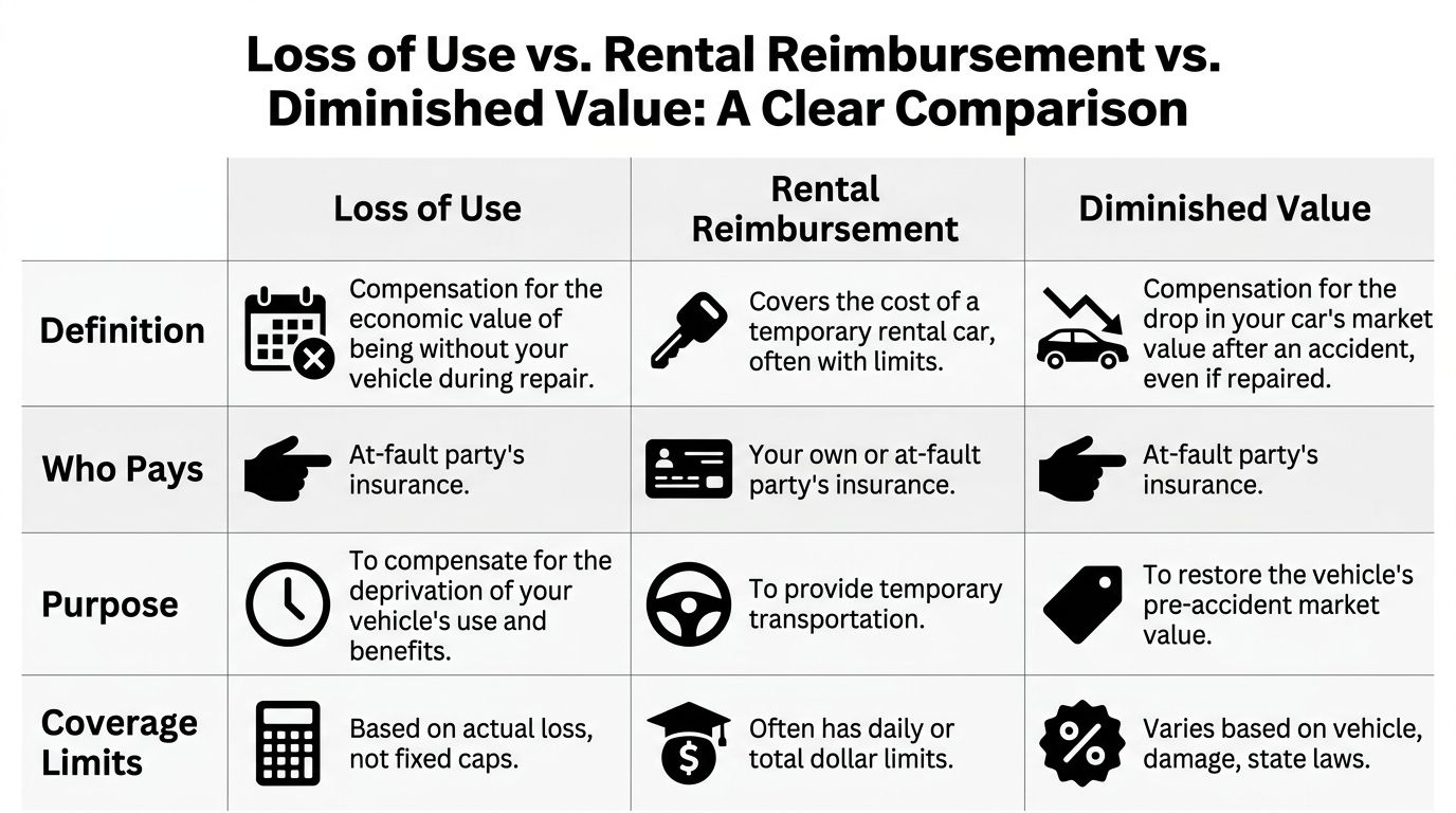A comparison chart outlining differences between loss of use, rental reimbursement, and diminished value insurance claims.