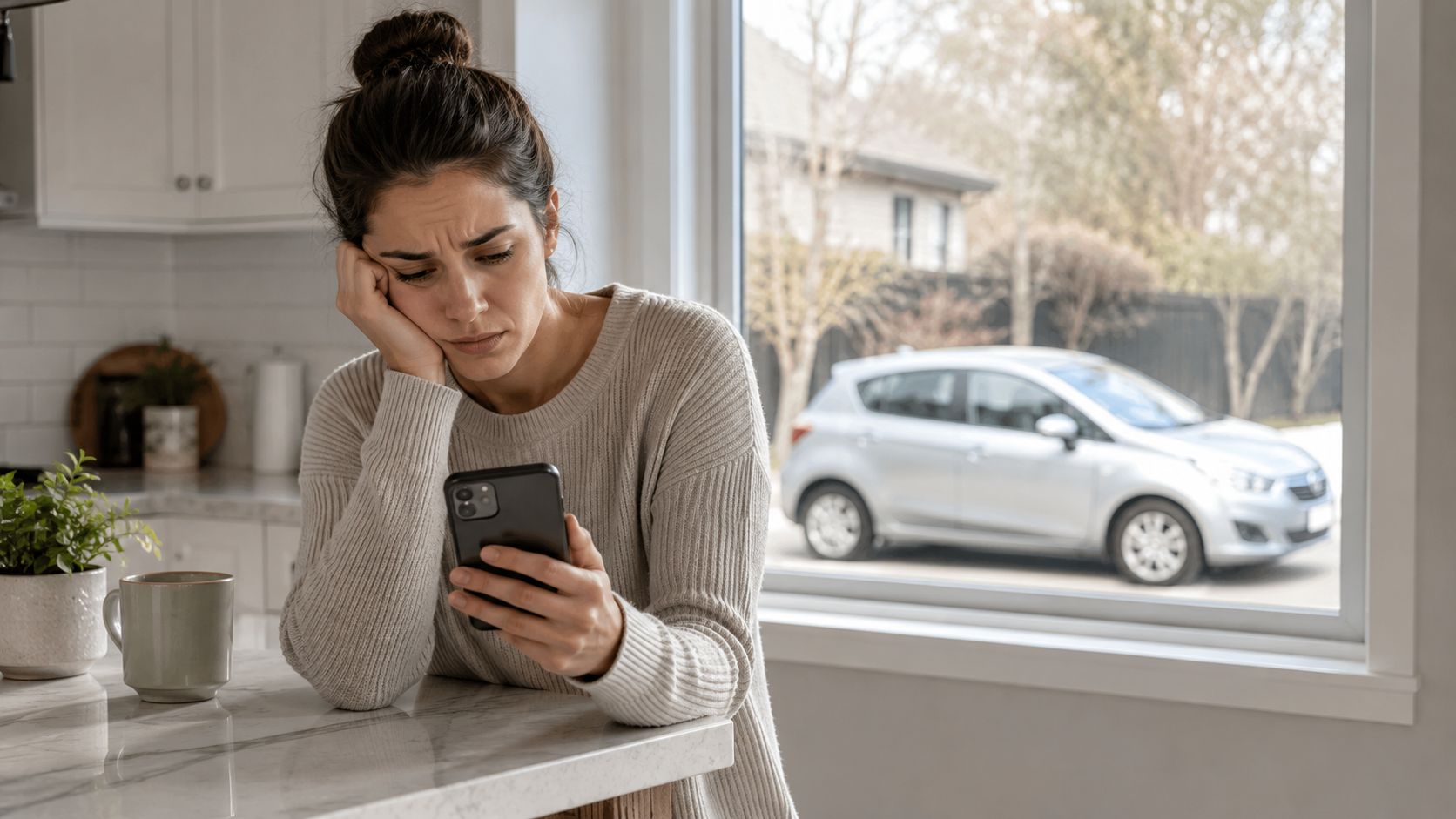 A concerned woman sitting at a kitchen counter looking at her smartphone with a worried expression.