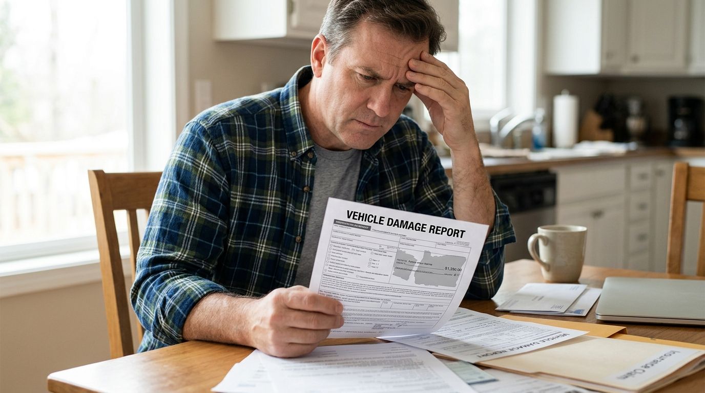 A concerned middle-aged man reviewing his vehicle damage report at a kitchen table.