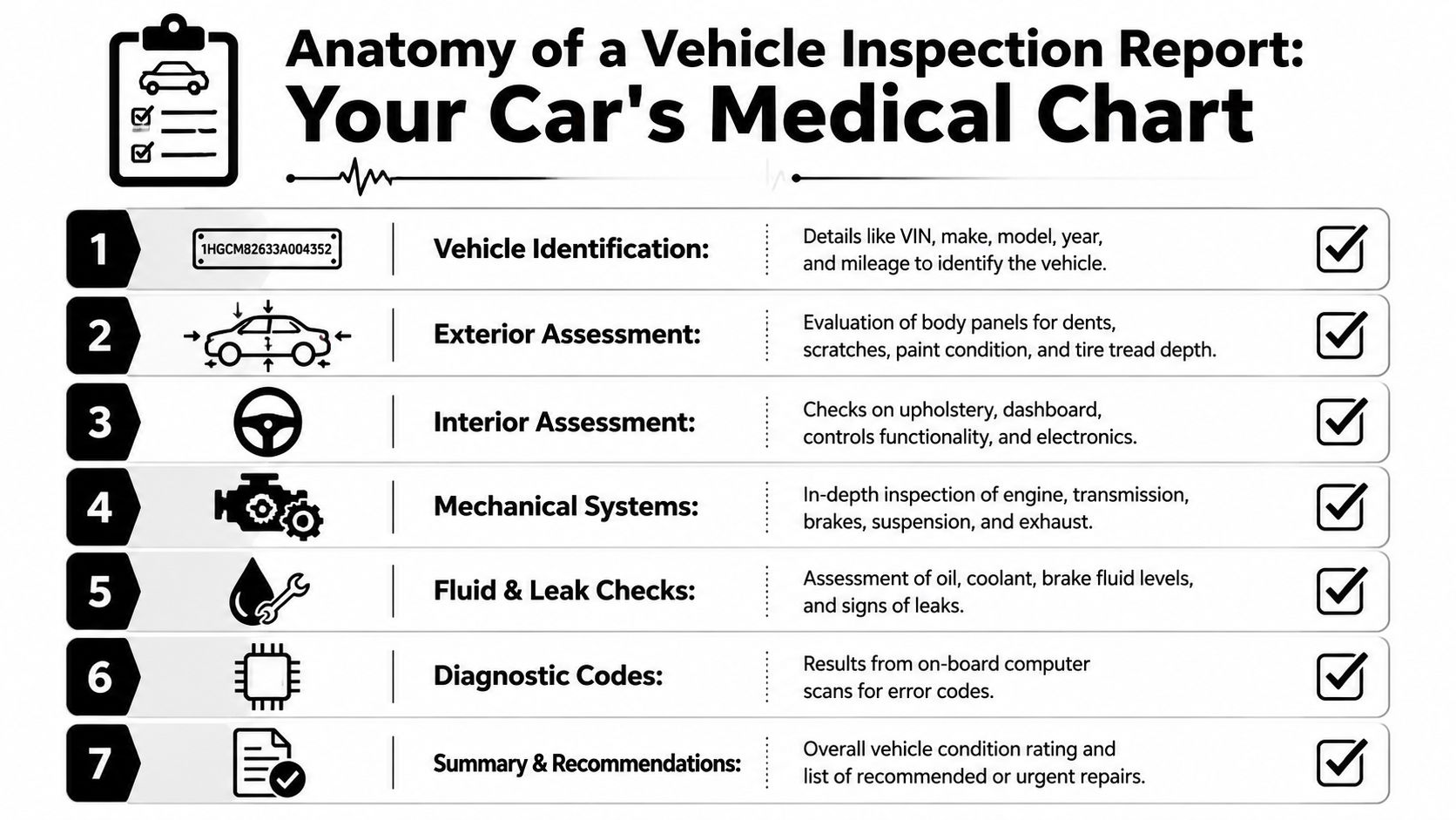 A detailed infographic titled Anatomy of a Vehicle Inspection Report outlining seven key steps of a car checkup.