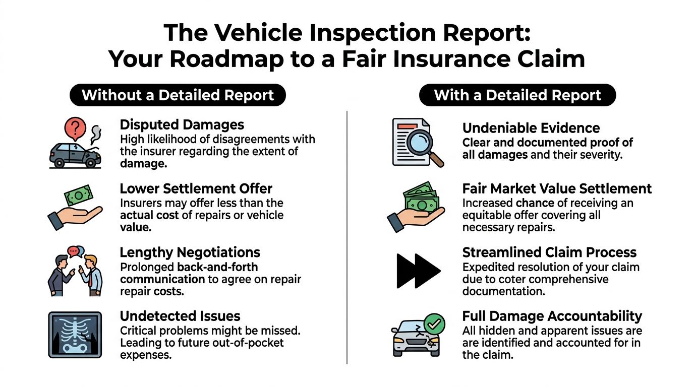 A comparison chart highlighting the benefits of a vehicle inspection report for fair insurance claim settlements.