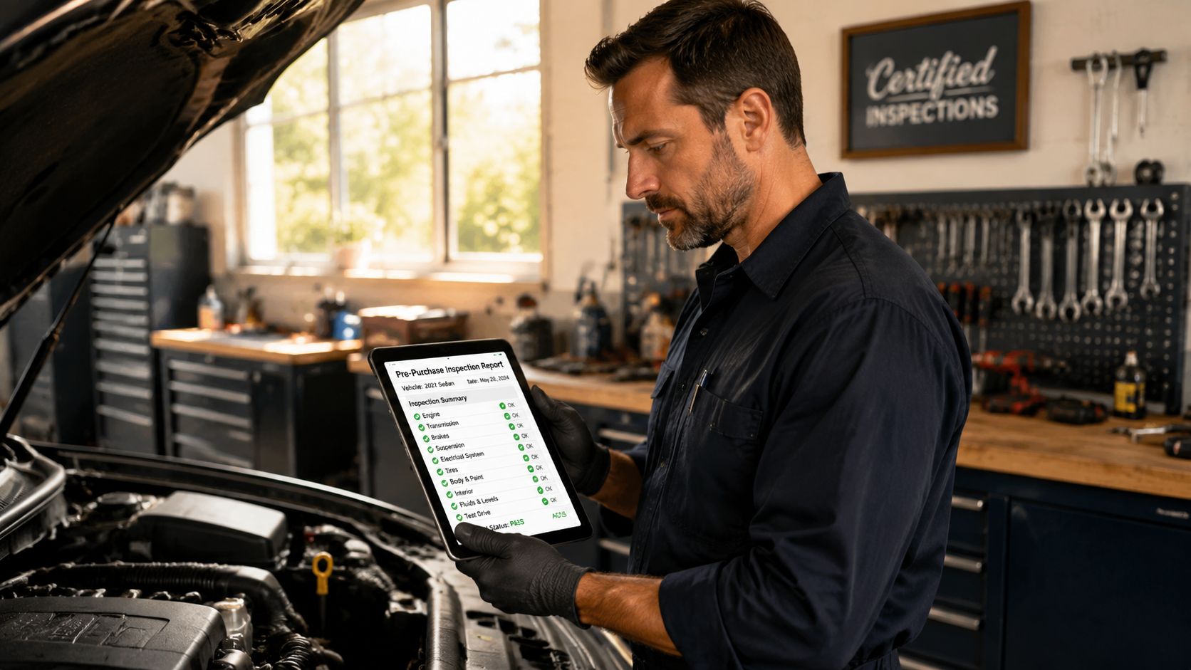 A professional mechanic in a garage holds a tablet displaying a passing vehicle inspection report for a car.