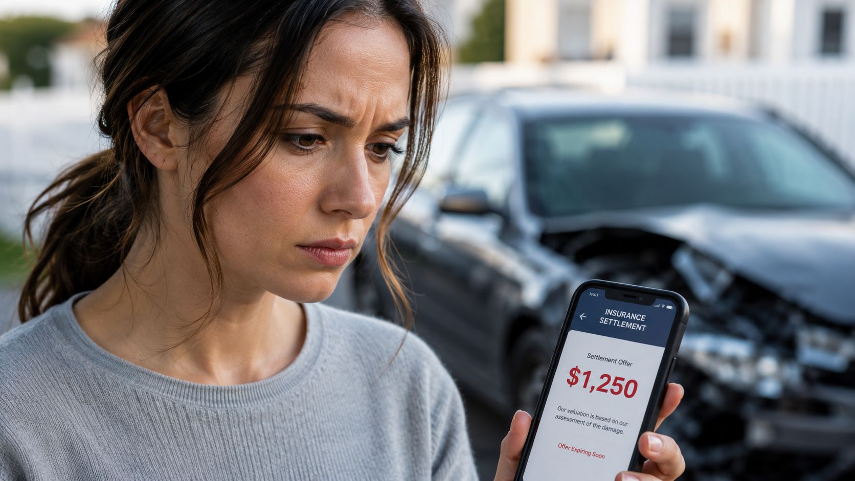 A woman looking concerned at her smartphone displaying a low car insurance settlement offer after an accident.