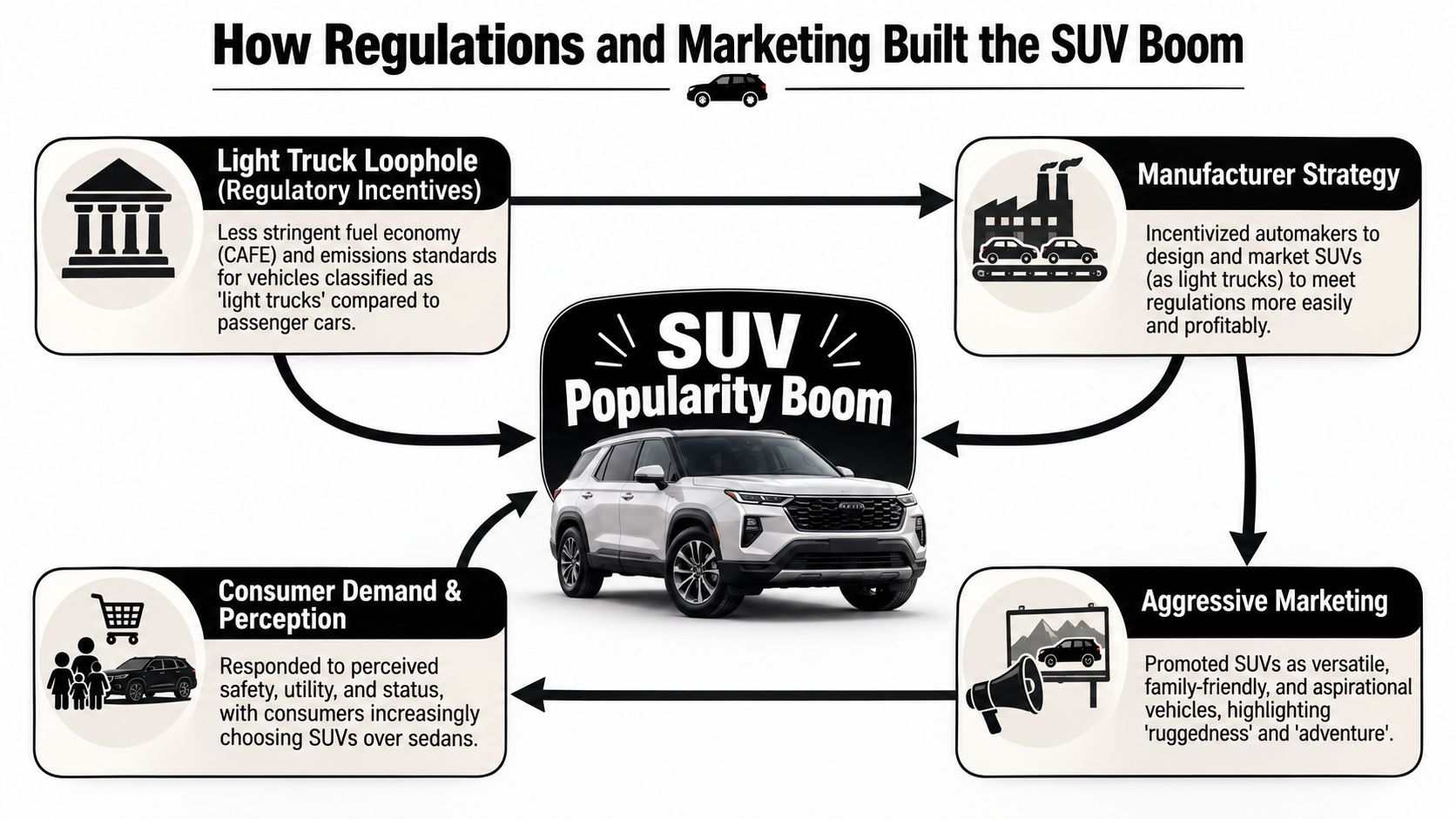 A diagram explaining how regulatory loopholes and aggressive marketing strategies created the modern SUV popularity boom.