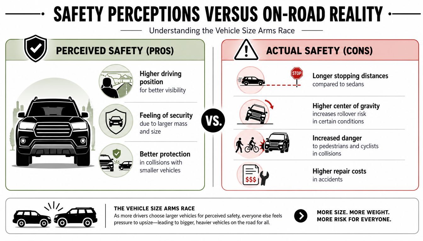 An infographic comparing perceived safety benefits of SUVs against the actual safety risks and consequences.