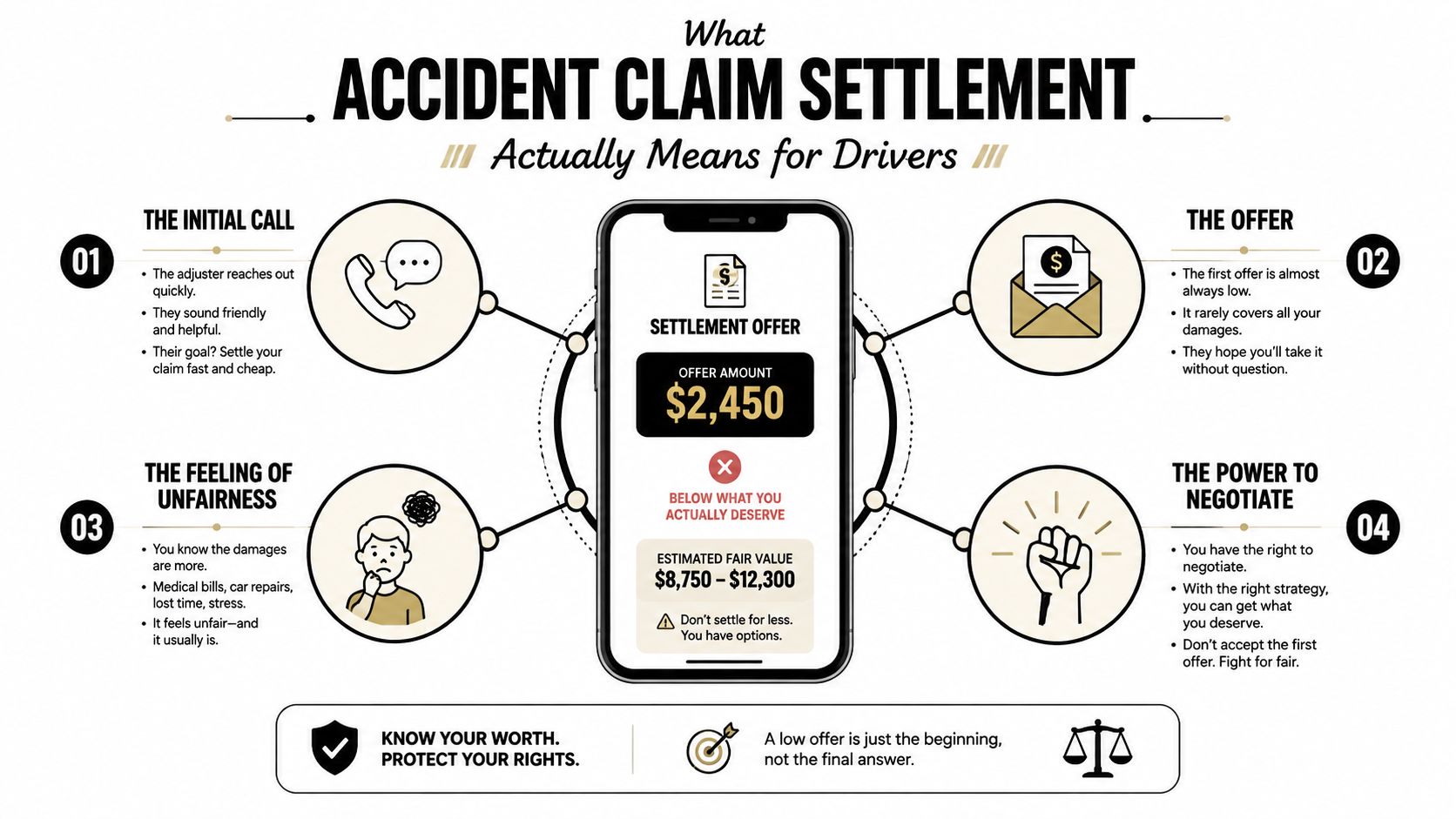 An infographic showing the four stages of the accident claim settlement process for car accident drivers.