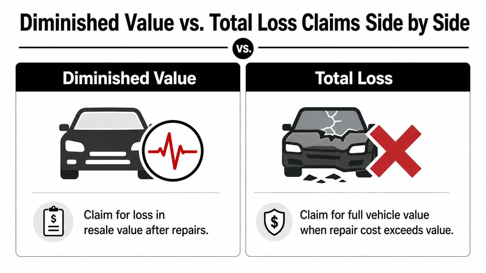 An infographic comparing diminished value and total loss car insurance claims using simple icons and text labels.