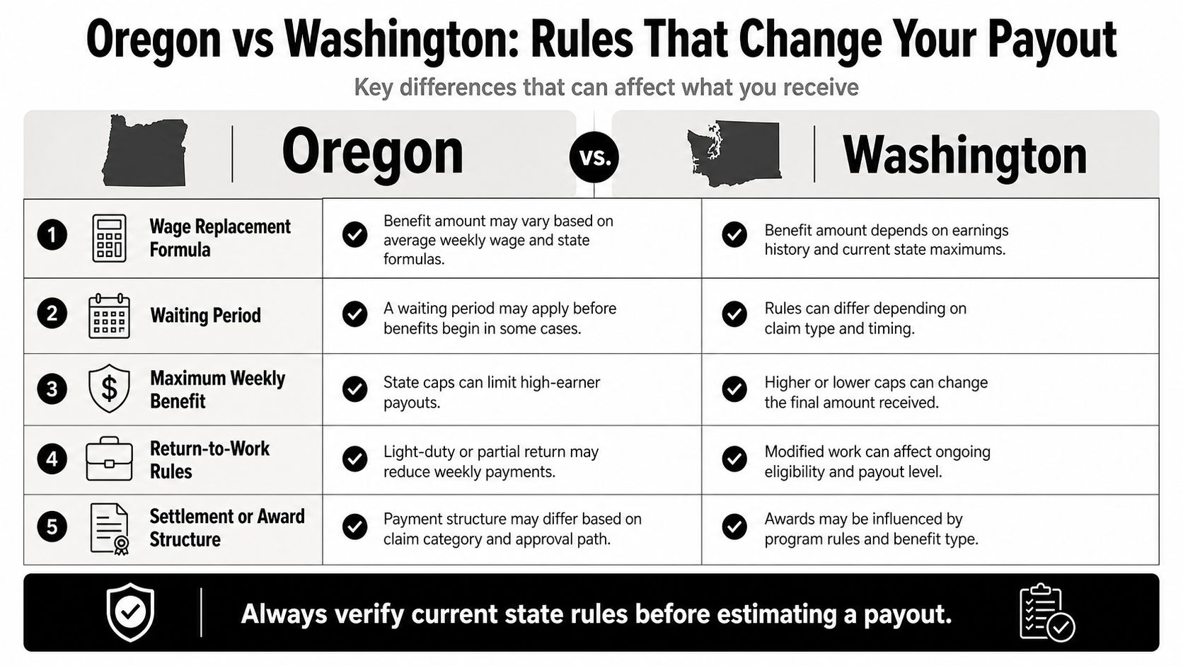A comparison chart outlining key differences in benefit rules between Oregon and Washington state insurance claims.