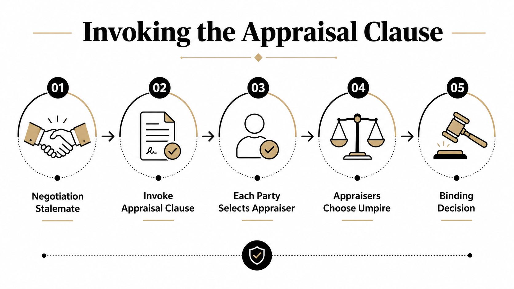 A flowchart showing the five-step process of invoking an appraisal clause during an insurance claim dispute.