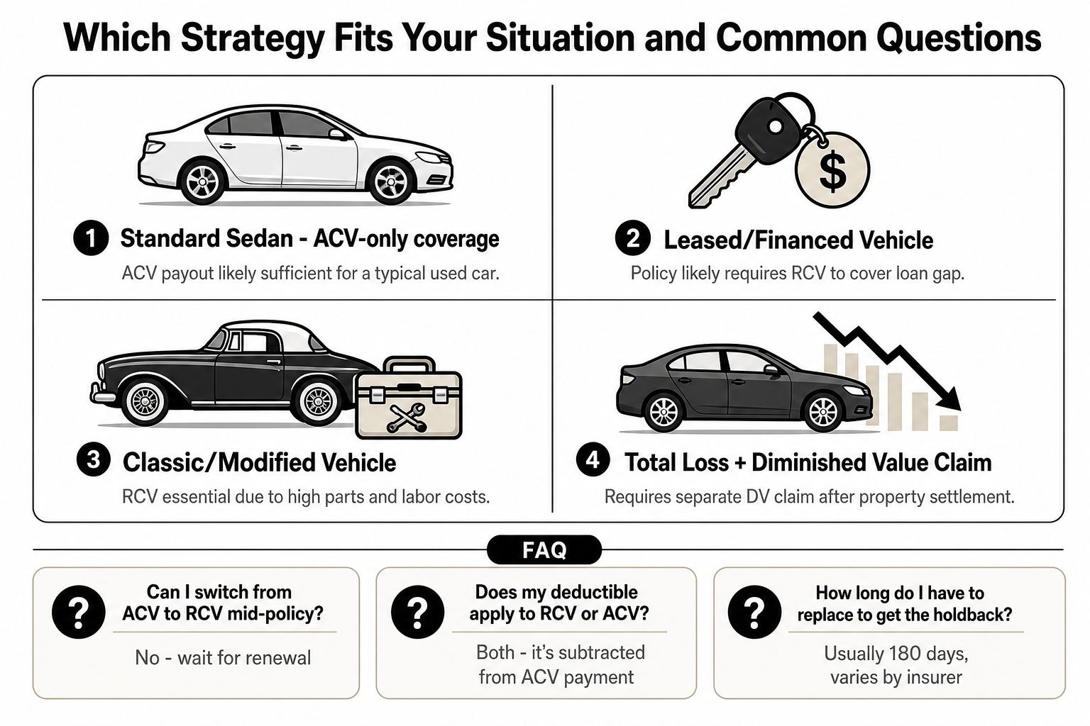 A chart comparing ACV and RCV insurance coverage strategies for different vehicle types and situations.