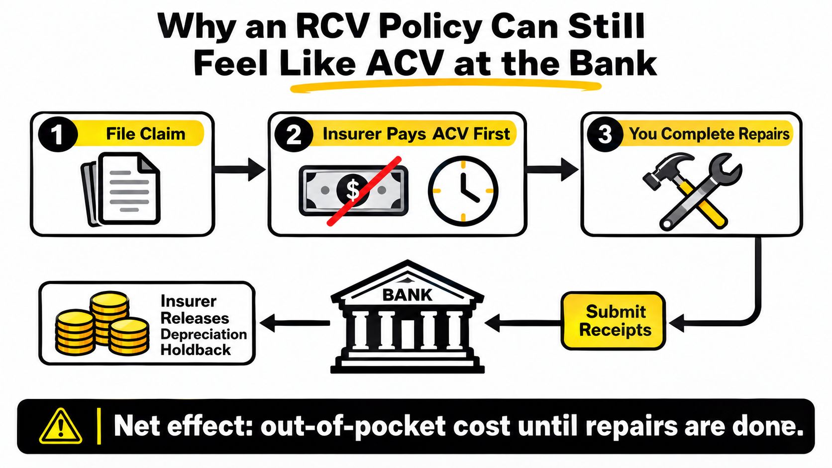 A flowchart explaining why an RCV insurance policy initially pays out like ACV during claim repairs.