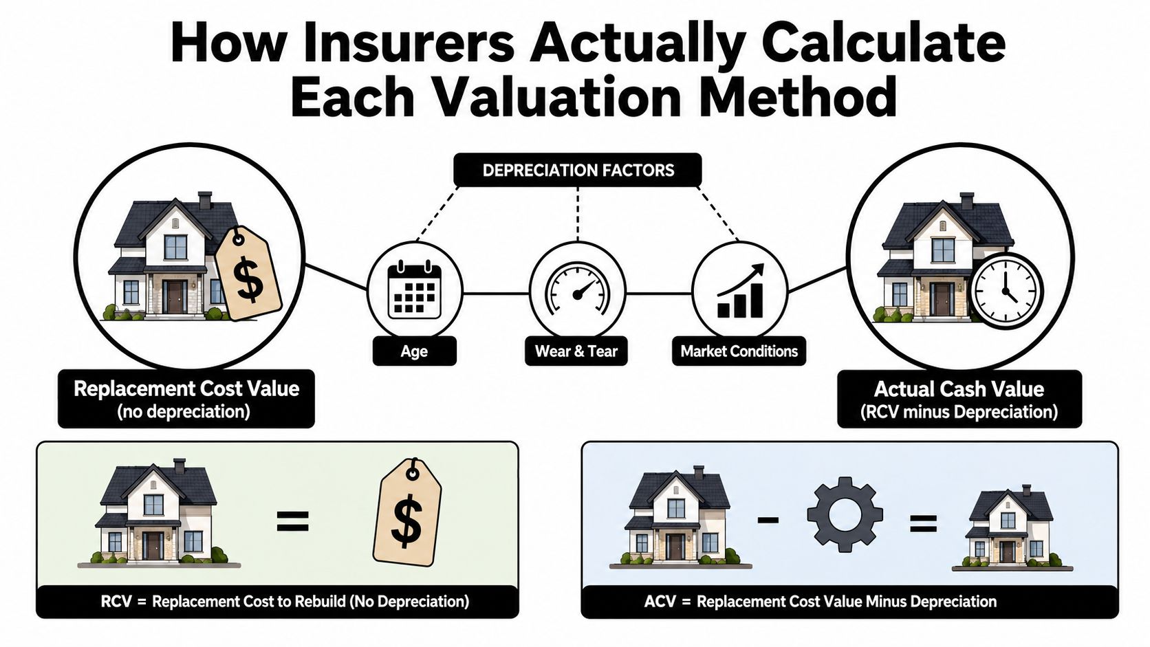 A diagram explaining insurance valuation methods, comparing Replacement Cost Value and Actual Cash Value with depreciation factors.