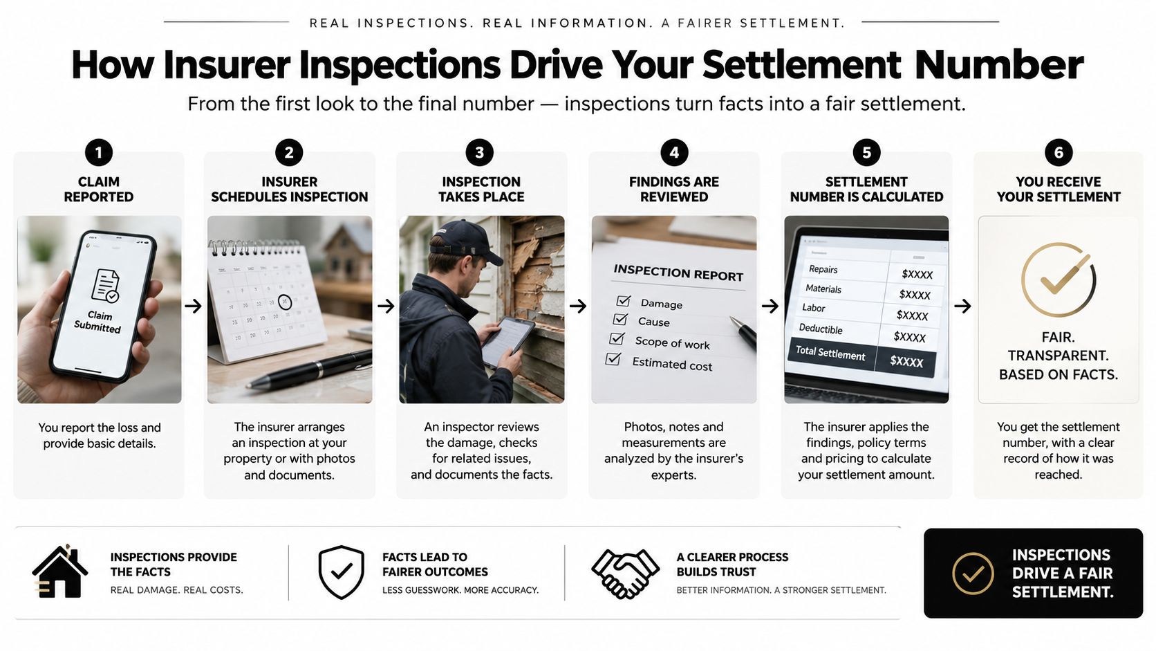 A six-step infographic explaining how insurance inspections determine the final claim settlement amount for homeowners.