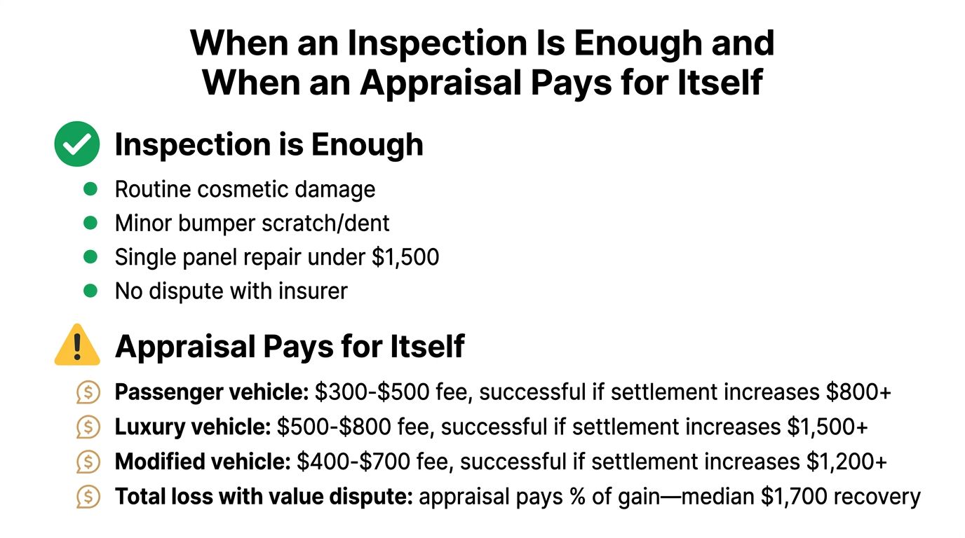 A comparison chart outlining when to use a vehicle inspection versus a professional insurance appraisal service.