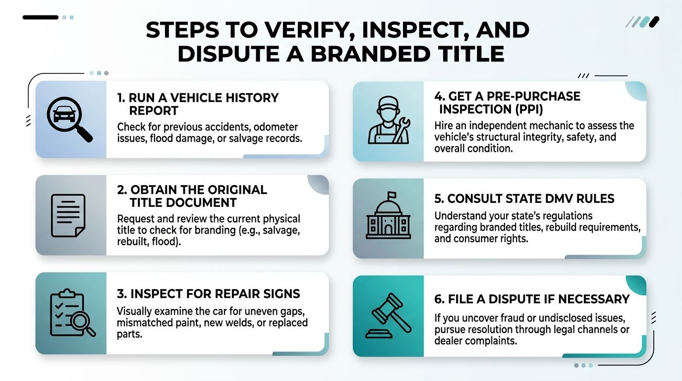 A six-step infographic guide on how to verify, inspect, and dispute a branded vehicle title.