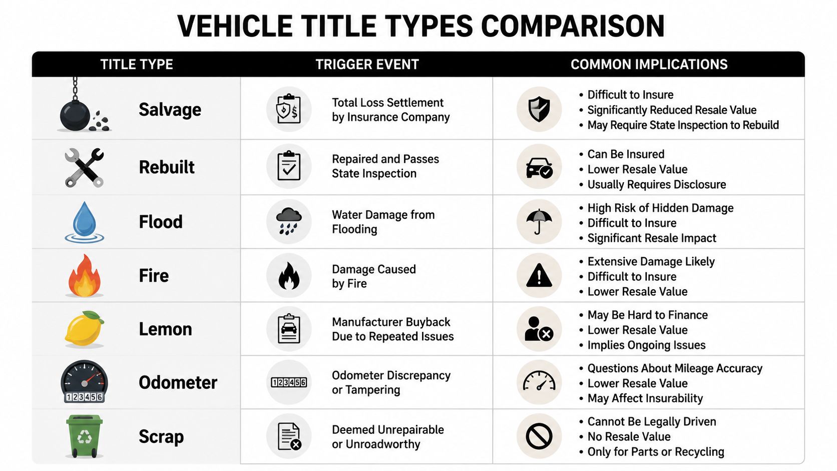 A comprehensive comparison chart explaining different types of branded vehicle titles including salvage, rebuilt, flood, fire, lemon, odometer, and scrap.